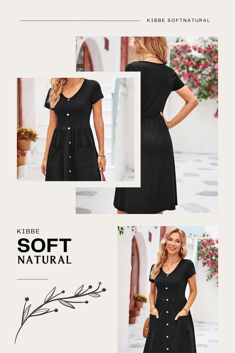 OUGES Women's V Neck Button Down Skater Dress with Pockets perfect for a kibbe soft natural outfit! Soft Natural Kibbe Outfit Casual, Soft Natural Clothes, Soft Natural Kibbe Dresses, Soft Natural Dresses, Kibbe Soft Natural Outfit, Soft Natural Kibbe Outfit, Soft Natural Outfits, Sn Kibbe, Soft Natural Kibbe