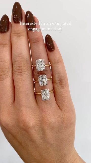 Her Rock | Lab Grown Diamonds on Instagram: "Which elongated shape would you choose? ▪️modified cushion ▪️antique cushion ▪️radiant Choosing the ratio of the stone is just as important as the color and clarity when deciding which stone is right for you. But don’t worry, here at Her Rock, we’ll help you along the way🤍 1:1 appointments available in person and virtually. Link in bio to get scheduled! Engagement ring, diamond ring, solitaire, 14k gold jewelry" Elongated Cushion Cut Engagement Ring, Engagement Rings 4 Carat, Diamond Ring Solitaire, Engagement Rings Cushion Solitaire, Cushion Diamond Ring, Elongated Cushion Cut, Antique Cushion, Radiant Engagement Rings, Elongated Cushion