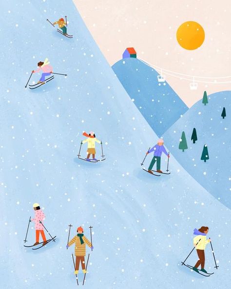 Ski Scene Illustration, Ski Print Pattern, Ski Lift Illustration, Christmas Scene Illustration, Snowy Illustration, Winter Poster Design, Winter Landscape Illustration, Skiing Illustration, Ski Illustration