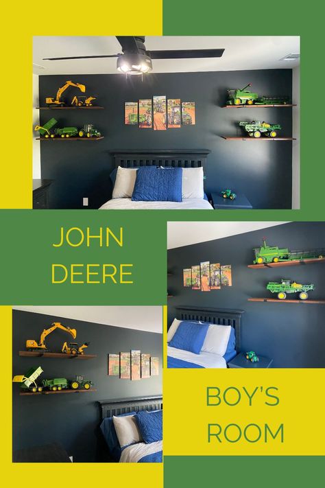 Boys bedroom decorated with the iconic John Deere theme, blending the love of agriculture & country life with a contemporary twist. Using navy blue to create a neutral backdrop, with dark woods that allow the John Deere accents to stand out. The playful touch, John Deere decor is incorporated throughout with room with wall decor, tractors and books showcasing farming and agriculture. There a John Deere-themed bedroom can be created, blending the love of country life with contemporary style. John Deere Boys Room, John Deere Bedroom, John Deere Room, John Deere Decor, John Deere Toys, His Obsession, Neutral Backdrop, Dark Woods, Toddler Boys Room