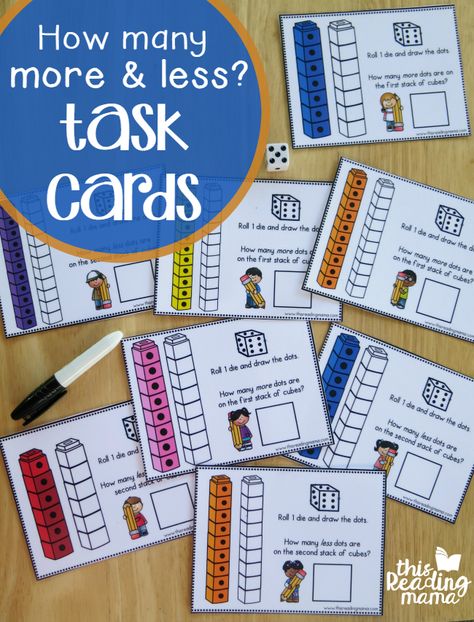 How Many More and Less Task Cards. Hands on number comparison activity for kindergarten and first grade. Great math center! Activity For Kindergarten, Math Number Sense, Math Tasks, Math Intervention, Math Task Cards, Second Grade Math, Math Addition, Math Methods, Math Workshop