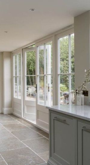 French Doors Exterior, Open Plan Kitchen Living Room, Green Kitchen Cabinets, French Doors Patio, Kitchen Extension, Kitchen Doors, Green Kitchen, Stone Flooring, Patio Doors