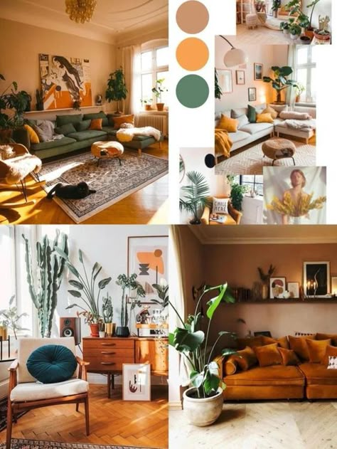 Modern Boho Chic Living Room Retro, Boho Green Bedroom Color Palettes, Colorful Funky Living Room, Unisex Apartment Decor Living Room, Earthy Living Room Ideas Bohemian, Green Orange Color Palette Living Room, Golden Boho Living Room, Modern Boho Color Scheme, Mid Century Bohemian Living Room