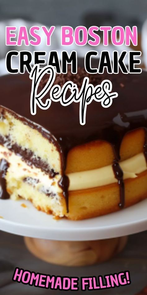 Easy Boston Cream Cake This delectable dessert features layers of moist sponge cake sandwiched with creamy custard and topped with a rich chocolate ganache. With its irresistible combination of flavors and textures, this Boston cream cake is sure to be a hit at any gathering Moist Sponge Cake, Boston Cream Cake, Boozy Chocolate, Cream Custard, Boston Cream Pie, Custard Cake, Decadent Chocolate Cake, Boston Cream, Sheet Cake Recipes