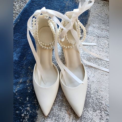 White And Pearl Wedding Heels With Ribbon Ties. Cute And Comfortable, Never Worn. 3 Inch Heels White Heels Bridesmaid, White Pearl Heels, Heels With Pearls, Heels With Ribbon, White And Gold Heels, Cotton Dress Indian, Colorful Wedding Shoes, Pearl Heels, Pearl Wedding Shoes