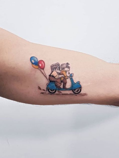 Pixar Tattoos, Up Carl Y Ellie, Popeye Cartoon, Disney Sleeve, Stitch Tattoo, Bike Tattoos, Music Tattoos, Wrist Tattoo, Family Tattoos