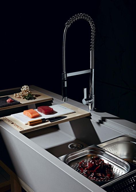 The sink system is designed to accommodate modular metal Gastronorm containers, which are often used in commercial kitchens. Japanese Inspired Kitchen, Concrete Kitchen Sink, Cafeteria Kitchen, Galley Workstation, Japanese Commercial, Cafe Dubai, Galley Sink, Workstation Sink, Marble Board