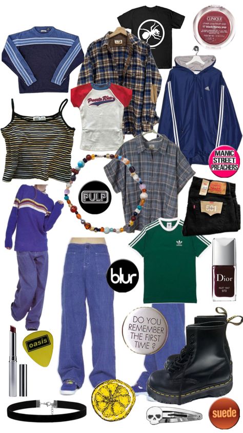 PULP OASIS BLUR SUEDE THE PRODIGY THE STONE ROSES THE CHARLATANS😭😭🥹🥹🥹🥹 90s British Indie Aesthetic, Brit Pop Outfit, 90s Fashion British, 90s Britpop Fashion Women, Oasis Outfit Ideas, Britpop Fashion 90s Women, Elastica Britpop, 90s Tomboy Outfits, 90s British Fashion