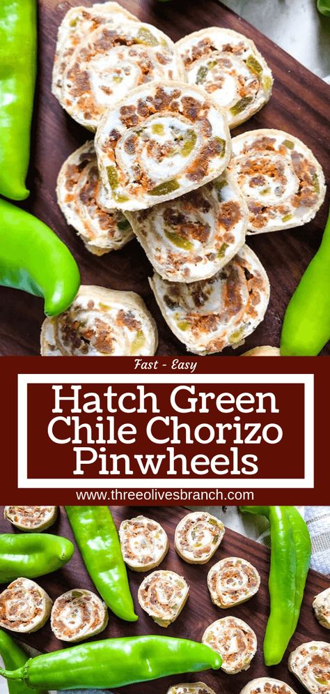 A fast and easy appetizer recipe great for game day, party food, and entertaining. Hatch Green Chile Chorizo Pinwheels are filled with a cream cheese mixture, chorizo sausage, and chile peppers. #hatchchiles #greenchile #gamedayrecipes Chorizo Appetizer, Hatch Green Chili Recipe, Green Chile Recipes, Green Chili Recipes, Chile Recipes, Game Day Party, Chile Peppers, Hatch Green Chile, Game Day Appetizers