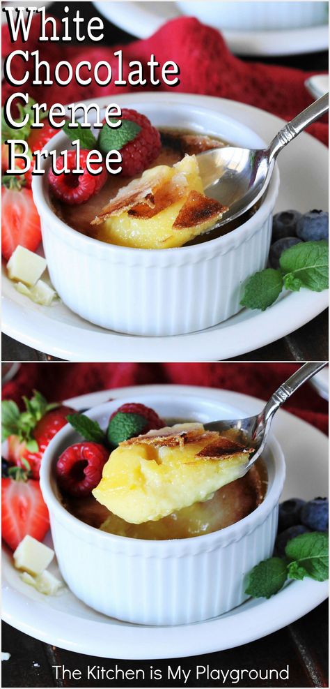 Ramekin and spoonful of White Chocolate Creme Brulee Crem Brule Recipe, Vanilla Bean Creme Brulee Recipe, Creme Brulee Inspired Desserts, No Bake Cream Brulee, Vanilla Bean Creme Brulee Cheesecake, Raspberry Creme Brulee, White Chocolate Creme Brulee, Chocolate Creme Brulee, Creme Brulee Desserts