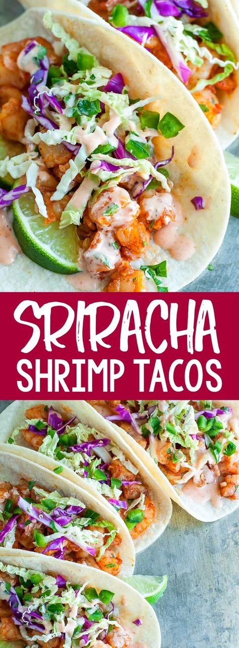 These Shrimp Tacos are fast, flavorful, and topped with a zesty Cilantro Lime Slaw that will rock yours socks! These spicy sriracha shrimp tacos are the best and have so many rave reviews! #tacos #shrimp #seafood #shrimptacos #pescatarian #taconight #tacotuesday #glutenfree #cilantro #lime #cabbage #sriracha Shrimp Tacos Spicy Mayo, Korean Shrimp Tacos, Mexican Shrimp Tacos Authentic, Breaded Shrimp Tacos, Popcorn Shrimp Tacos, Best Shrimp Tacos Recipe, Sriracha Shrimp Tacos, Firecracker Shrimp Tacos, Cajun Shrimp Tacos