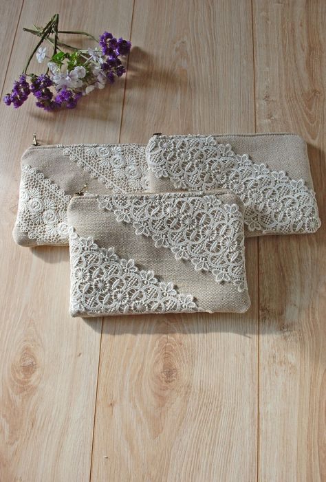 Small Simple Ivory Lace Burlap Cosmetic Pouch Makeup Purse | Etsy Spring Purses, Rustic Style Wedding, Makeup Purse, Diy Bags Purses, Bridesmaid Bags, Bridal Clutch, Wedding Bag, Jute Bags, Denim Bag