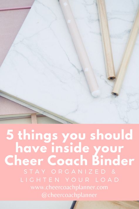 Stay organized and lighten the load of your bulky cheer coach binder. Is your coach binder too large and too heavy to carry around all the time? This blog shares tips to lighten that load. No matter how you choose to organize your season, the best advice I have is to make sure you have the things you need to make you feel like you are as prepared as possible! Cheerleading Coaching Tips, Cheer Coaching Tips, Cheer Coach Organization, Cheer Coach Planner, Cheer Coach Planner Free, Cheer Coach Bag Essentials, Cheer Coach Must Haves, Middle School Cheer Coach, Cheer Coach Ideas