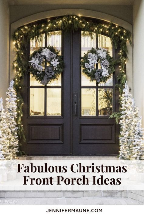 Double Door Christmas Decor, Christmas Front Porches, John Deere Bedroom, Christmas Entrance, Christmas Front Porch Ideas, Living Wreath, Christmas House Lights, Elegant Christmas Decor, Christmas Front Porch