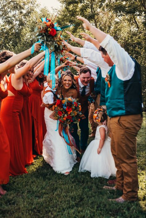 Burt Orange And Teal Wedding, Dark Teal And Rust Orange Bridesmaid Dresses, Terracotta And Dark Teal Wedding, Teal Orange And Red Wedding, Dark Teal And Rust Orange Wedding Centerpieces, Bright Western Wedding, Dark Teal And Orange Wedding, Teal Burnt Orange Wedding, Teal And Orange Fall Decor