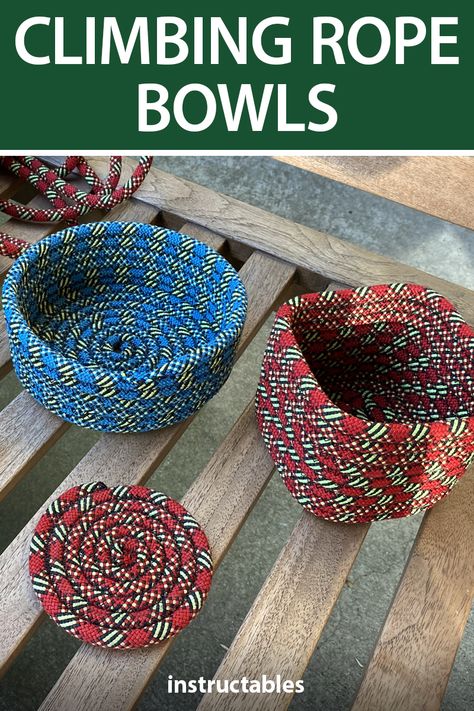 Use a sewing machine to zig-zag stitch retired climbing rope into bowls and other useful things.  #Instructables #upcycle #reuse #sewing #home #decor #storage Repurpose Climbing Rope, Rope Sewing Ideas, Rope Ideas Diy, Climbing Rope Rug, Old Climbing Rope Ideas, Climbing Rope Diy, Upcycled Climbing Rope, Recycled Climbing Rope, Climbing Rope Crafts