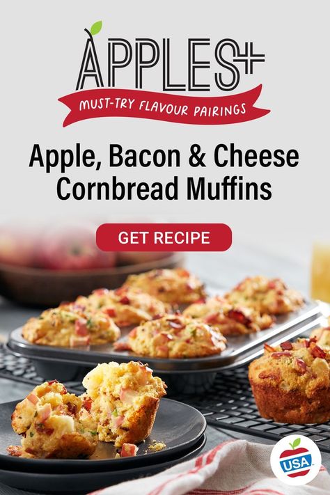 Apples+ Must-Try Flavour Pairings: Apple, Bacon and Cheese Cornbread Muffins Cheese Cornbread Muffins, Cheese Cornbread, Bacon Cornbread, Bacon Muffins, Bacon And Cheese, Cornbread Muffins, Recipes Bread, Muffin Tin Recipes, Homemade Muffins