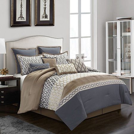 # Pieces In Set: 10Included: 1 Comforter(s), 1 Bed Skirt(s) With 15 Inch Drop, 4 Throw Pillow(s), 2 King Sham(s), 2 Euro Sham(s)Features: TuftedBed Skirt Drop: 15 InBedding Thread Count: 300Warmth Factor: MidweightBed Size: KingBedding Measurements: 92 Length/Inches, 104 Width/InchesBedding Fiber Content: 100% PolyesterBedding Filling Content: 100% PolyesterBed Skirt Fiber Content: 100% PolyesterSham Fiber Content: 100% PolyesterDecorative Pillow Filling Content: 100% PolyesterDecorative Pillow Elegant Comforter Sets, Luxury Comforter Sets, Stylish Bedding, Beautiful Bedding Sets, King Size Comforter Sets, Jacquard Bedding, Grey Comforter Sets, King Size Comforters, Inspire Me Home Decor