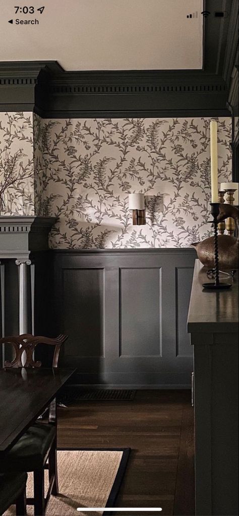 Grizzle Gray, Moody Dining Room, Jean Stoffer Design, Jean Stoffer, Dark Dining Room, Dining Room Victorian, Dining Room Wallpaper, Grey Dining Room, Country Dining