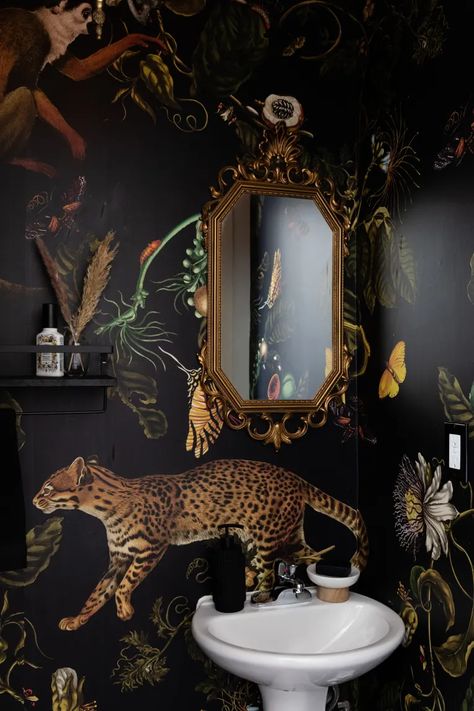 Dark Powder Bath Wallpaper, Goth Powder Room, Powder Bath With Dark Wallpaper, Asian Powder Room, Animal Wallpaper Powder Room, Jungle Theme Powder Room, Eccentric Powder Room, Dark Powder Room Ideas Wallpaper, Half Bathroom Ideas Wallpaper Modern