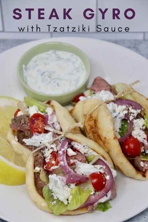 Steak Gyro with Tzatziki Sauce Gyro Recipe Beef, Steak Gyros, Greek Meals, Beef Gyro, Greek Recipe, Greek Gyros, Gyro Recipe, Homemade Tzatziki Sauce, Homemade Tzatziki