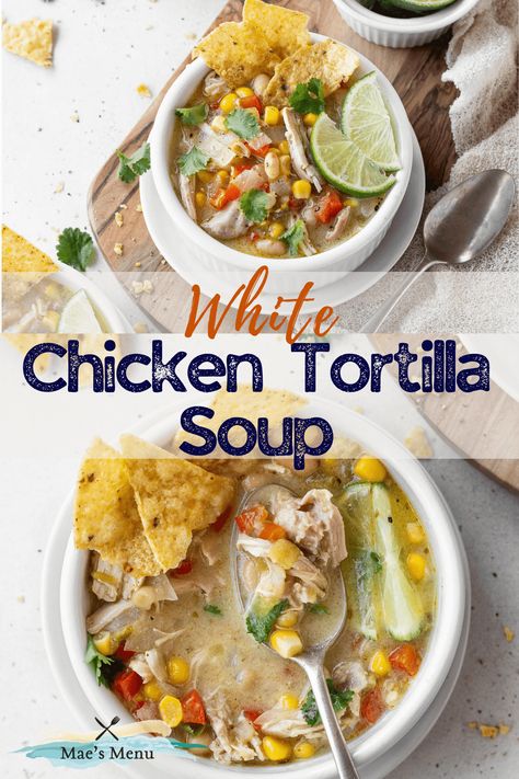 with a perfect balance of spicy and creamy flavors, this veggie-packed White Chicken Tortilla Soup is a deliciously hearty meal in a bowl. get a supremely cozy dinner on the table in just 30 minutes with this simple recipe! White Chicken Tortilla Soup, Chicken Tortilla Soup Healthy, Green Chili Chicken Soup, Green Chili Soup, Healthy Chicken Tortilla Soup, Chicken Taco Soup Recipe, Creamy Chicken Tortilla Soup, Chicken Tortillas Soups Recipe, White Soup