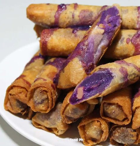 Ube Turon Halaya with Langka - Yummy Food Ph Ube Turon, Filipino Turon, Tuna Fried Rice, Turon Recipe, Ube Halaya Recipe, Ube Recipes, Filipino Food Dessert, Filipino Recipe, Philippines Food