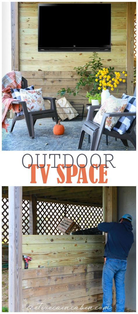 How to create an outdoor tv space by enclosing the underside of a a second story deck Back Porch Tv Area, Tv Under Deck, Outdoor Wood Wall Design Ideas, Tv On Porch Ideas, Tv On Patio Wall, Back Porch Tv Ideas, Patio Tv Wall Ideas, Outdoor Patio With Tv Ideas, Outdoor Tv Wall Ideas