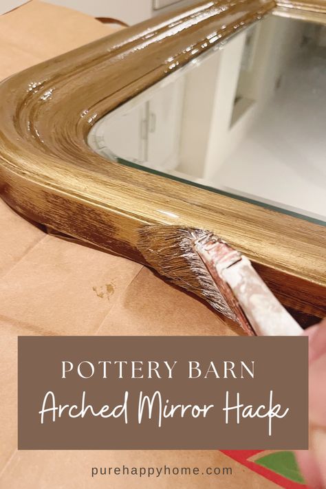 Spruce up your space on a budget with this fun and easy DIY Pottery Barn arched mirror hack! ✨ Transform an old or thrifted mirror into a stunning statement piece with simple steps and a gold-accent frame. 🎨 You'll be amazed at the facelift your mirror can get! 👩‍🎨 Arch Mirror Makeover Diy, Boho Industrial Mirror, Gold Antique Mirror Bedrooms, Mongstad Mirror Makeover, Terracotta Mirror Frame, Update A Mirror Frame, Antique Gold Mirror Bathroom, Vintage Arched Mirror, Plastic Mirror Frame Makeover