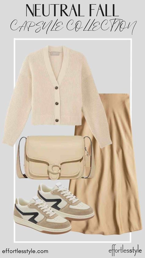 Neutral Fall Outfits Women, Boyfriend Cardigan Outfit, Cream Cardigan Outfit, Slip Skirt Outfit, Neutral Fall Outfits, How To Wear Sneakers, Cardigan Outfit, Boyfriend Cardigan, White Tee Shirts