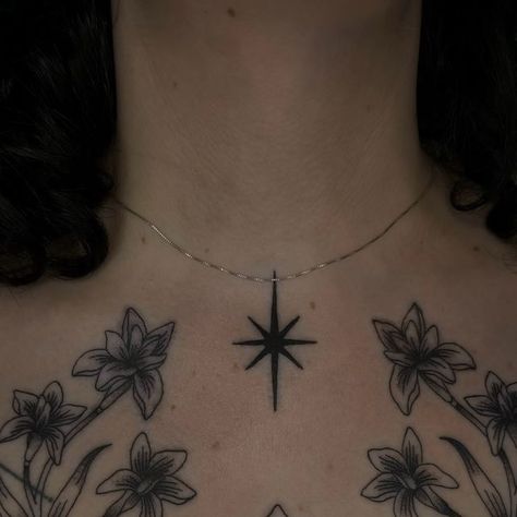 nicky joe on Instagram: "Obsessed with how this chest piece came out. Thanks for getting tattooed.   Done at @paradisetattoopdx" Stars Chest Tattoo Female, Back Piece Tattoo Women, Patchwork Chest Tattoo, Chest Star Tattoo, Women’s Chest Tattoo, Dainty Chest Tattoo Female, Center Chest Tattoo Female, Star Chest Tattoo, Heart Chest Tattoo