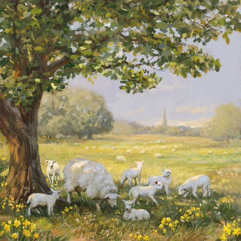 Pastoral Landscape Paintings, Sheep Oil Painting, Sheep Aesthetic, Lamb Painting, Farm Painting, Sheep Illustration, Sheep Paintings, Green Pastures, Farm Paintings