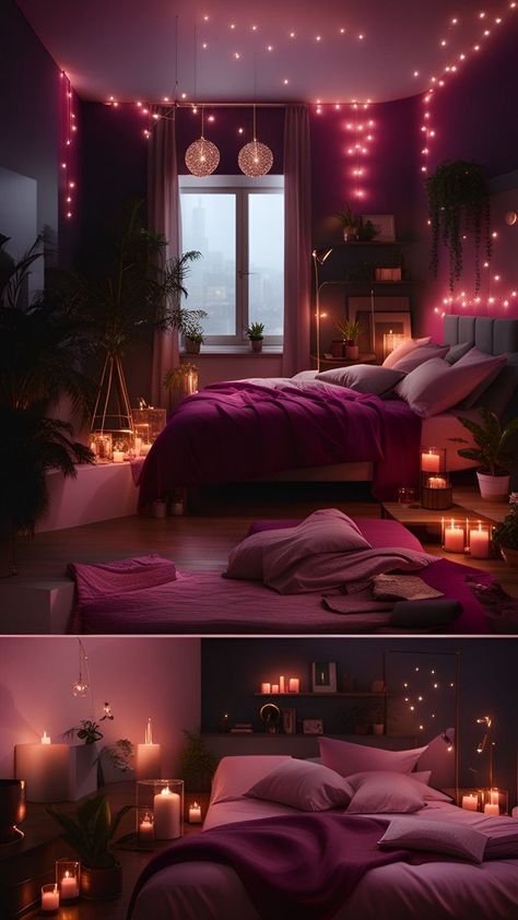 Pink Velvet Dreamscape: Cozy Bedroom Inspiration #VelvetDreamscape Deep Pink Bedroom, Bedroom Styles Romantic, Dark Pink Bedroom, Pink And Red Bedroom, Burgundy Bedroom, Red Bedroom Design, Feminine Bedroom, Bedroom Red, Bedroom Wall Colors