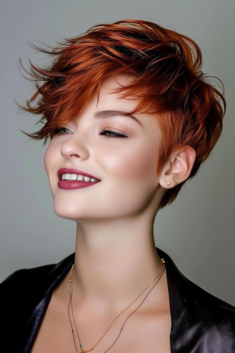 Kurze Rote Haare mit Undercut: 46+ Styles » Kurzer Seitenscheitel mit langem Pony ✓ Kurzer Stufenschnitt mit abrasierten Seiten ✓ Kurze Lockenfrisur mit Undercut ✓ Roter Pixie Cut mit langen Strähnen [ ➳ Jetzt inspirieren lassen! ] Feminine Short Hair Round Face, Red Hair Pixie Cut, Feminine Short Hair, Pixie Cut With Highlights, Red Hair With Blonde Highlights, Vibrant Hair, Dyed Red Hair, Hairstyle Trends, Short Hair Styles For Round Faces