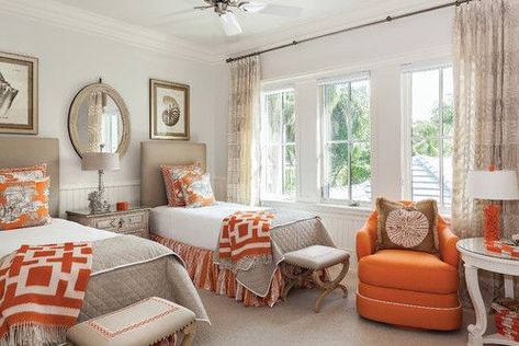 5 Special Sleeping Arrangements for House Guests | Helena Alkhas Bedroom Ideas Orange Accent, Orange And Tan Bedroom, Burnt Orange Walls, Taupe Palette, Twin Beds Guest Room, Pallete Color, Orange Bedroom Decor, Taupe Bedroom, Small Guest Bedroom