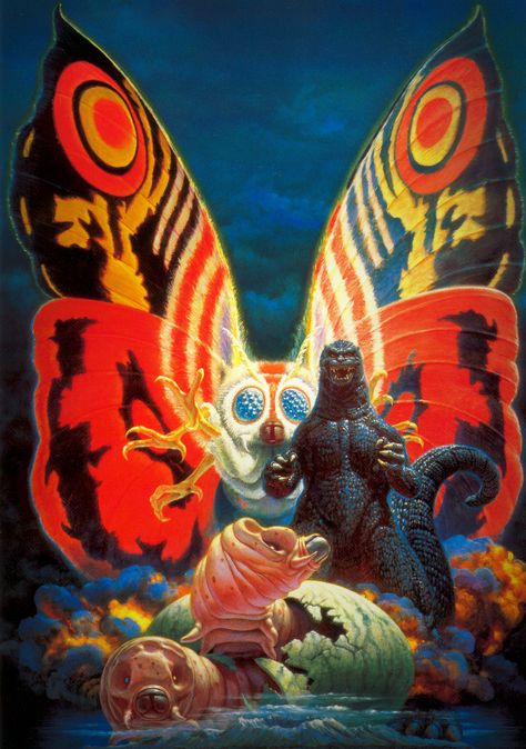 All sizes | Godzilla vs Mothra, Noriyoshi Ohrai Painting (1992) | Flickr - Photo Sharing! Noriyoshi Ohrai, Original Godzilla, Godzilla Tattoo, Monster Verse, Godzilla Wallpaper, Japanese Monster, Kaiju Art, Kaiju Monsters, Giant Monsters