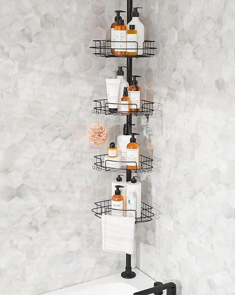 Amazon.com: EZFurni Shower Caddy Corner, 4 Layer Organizer, Rustproof Stainless Shelves, Drill Free Rack, Large Storage and Tension Pole,56-114 Inch, Black : Home & Kitchen Stainless Shelves, Bathtub Storage, Shower Corner Shelf, Bathroom Shower Organization, Corner Shower Caddy, Shower Rack, Shower Storage, Shower Organization, Shower Basket