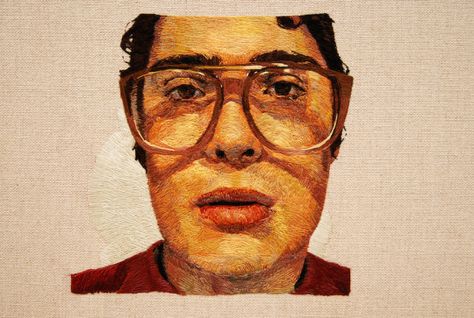 Daniel Kornrumpf, Focal Length, 2013, 42" x 36", hand embroidered on linen Embroidered Portrait, Embroidered Art, Thread Art, Unusual Art, Thread Painting, Needle Art, Art Textile, Portrait Illustration, Embroidery Inspiration