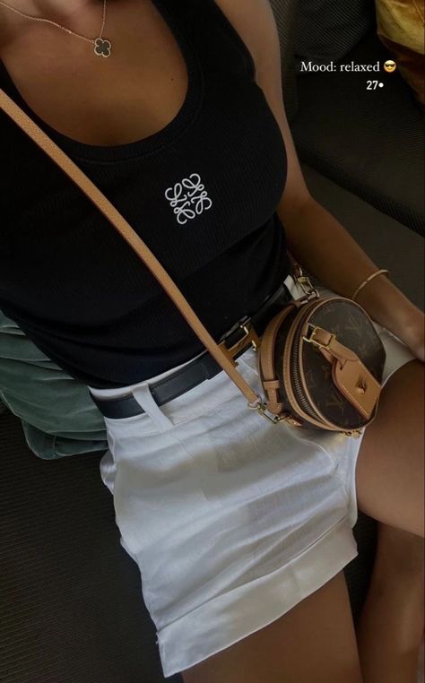 Loewe Black Tank Top Outfit, Black Loewe Top, Van Cleef Bracelet Outfit, Loewe Tank Top Outfit, Black Van Cleef Necklace, Loewe Tank Top, Loewe Top, Van Cleef Necklace, White Linen Shorts