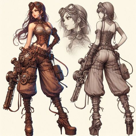 Steampunk Drawing Reference, Character Inspiration Outfits, Steampunk Mechanic Character Design, Female Steampunk Outfit, Steampunk Outfits Drawing, Steampunk Prosthetic Arm, Arcane Steampunk, Steampunk Dnd Character, Steampunk Character Design Female