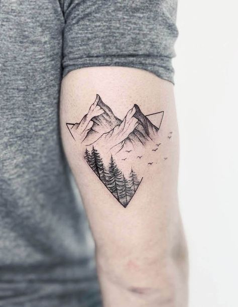 Triangle mountains landscape tattoo by @mooody.ink Mountain Tattoo With Shading, Triangle Tattoo Mountain, Triangle Tattoo With Mountains, Mountain Top Tattoo, Linear Mountain Tattoo, Four Mountains Tattoo, Mountain In Triangle Tattoo, Unique Triangle Tattoos, 3d Mountain Tattoo