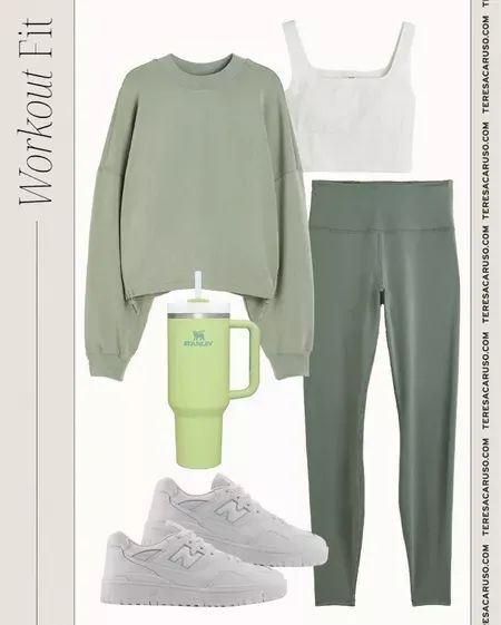 Workout outfit inspo! | Teresa Caruso - athleisure, leggings, sports bra, chic workout outfits, neutral sneakers, neutral workout clothes, working out outfits, workout style, green workout outfit, green leggings Soft Summer Athleisure, Sage Green Leggings Outfit, Soft Green Outfit Aesthetic, Green Leggings Outfit Workout, Green Workout Outfit, Stylish Workout Outfits, Green Joggers Outfit, Summer Running Outfit, Green Leggings Outfit