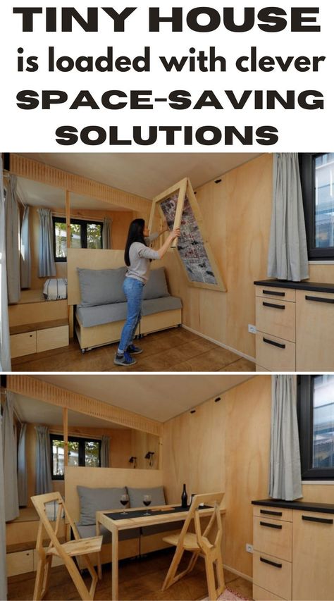 Tiny House Storage Hacks, Tiny Homes Storage Ideas, Tiny House From Storage Shed Interior, Tiny Home Table Ideas, Shed Turned Cabin, Tiny Home Features, Storage In Tiny House, Diy Tiny Home Ideas, Tiny House Features