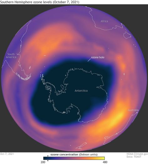 This visualization depicts the ozone hole over Antarctica at its maximum extent on October 7. 2021. Scientists define the "ozone hole" as the area in which ozone levels are depleted below 220 Dobson Units (dark blue, marked with black triangle on color bar). (Climate.gov) Hand Lattering, Ozone Depletion, Weather Balloon, Ozone Layer, October 7, Space Flight, Earth Science, Art Drawings Simple, Scientists