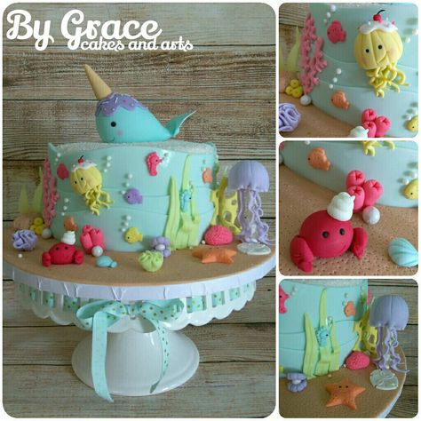 Under the sea cake/ narwhal cake topper Narwhal Cake Topper, Narwhal Birthday Cake, Narwhal Cake, Narwhal Party, Under The Sea Cake, Sea Cake, Sea Cakes, Cake Photo, Awesome Cakes