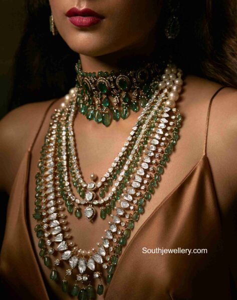 Latest Polki Jewellery Design, Emerald Indian Jewellery, Emerald Polki Necklace, Detachable Jewellery, Polki Haram, Emerald Choker, Necklace For Neckline, Ruby Diamond Necklace, Polki Sets