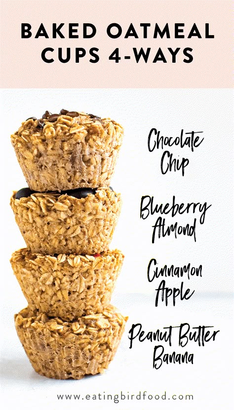 Keep these baked oatmeal cups in your fridge or freezer for an easy, healthy breakfast! There's four different flavor options so you'll never get bored. Vegan + gluten-free. #oatmeal #vegan #glutenfree #breakfast #eatingbirdfood Oatmeal Vegan, Baked Oatmeal Cups, Apple And Peanut Butter, Oatmeal Cups, Baked Oatmeal, Oatmeal Recipes, Easy Healthy Breakfast, Good Healthy Recipes, Breakfast Food