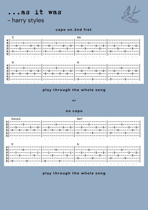 as it was from harry styles fingerpicking pattern - with and without capo Harry Styles Guitar, Ukulele Fingerpicking Songs, Ukulele Tabs Songs, Ukulele Fingerpicking, Guitar Tabs Acoustic, Guitar Tabs And Chords, Easy Guitar Chords, Guitar Tabs For Beginners, Guitar Songs For Beginners