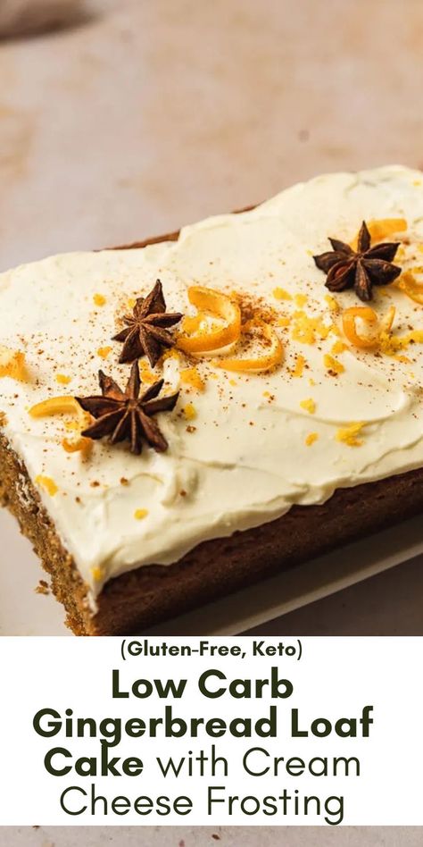 Low Carb Gingerbread Cake with cream cheese frosting on a plate Low Carb Ginger Snaps, Sugar Free Gingerbread Cake, Low Carb Gingerbread Cake, Gingerbread Loaf Cake, Gingerbread Loaf Recipe, Keto Gingerbread, Orange Cream Cheese Frosting, Low Carb Gingerbread, Gingerbread Loaf