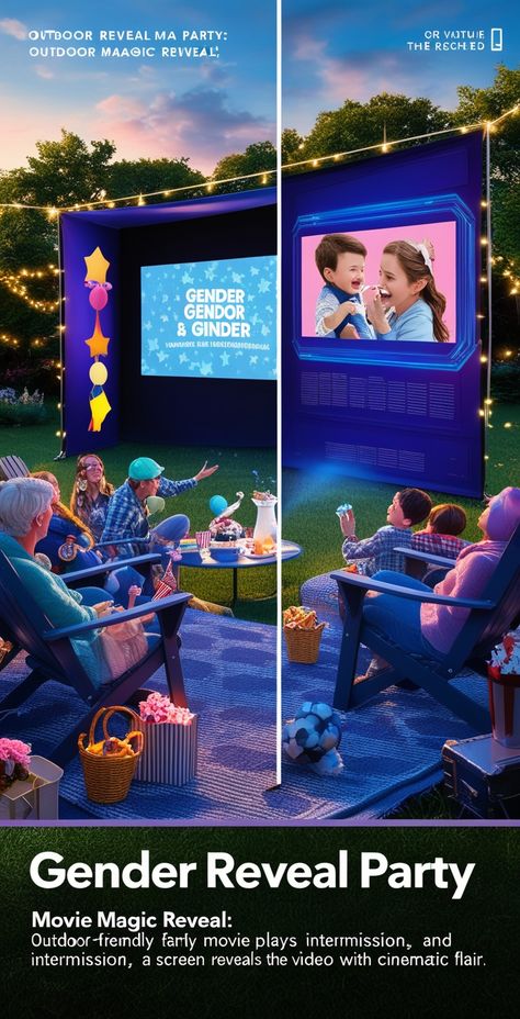 Set up an outdoor cinema where a family-friendly movie plays, and during a special intermission, the screen displays a video revealing the gender with cinematic flair.
#OutdoorCinema #MovieMagicReveal #GenderReveal #FilmNight #CinemaUnderStars #FamilyMovieNight Gender Reveal Ideas, Outdoor Cinema, Cinema Movie, Gender Reveal Decorations, Family Movie Night, Reveal Ideas, Family Movies, Reveal Parties, Gender Reveal Party